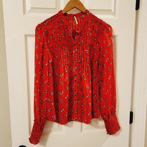 Free People Red Long Sleeve Button Down Blouse Size S